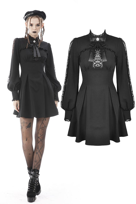 Women ribbon neck tie long-sleeves dress DW574