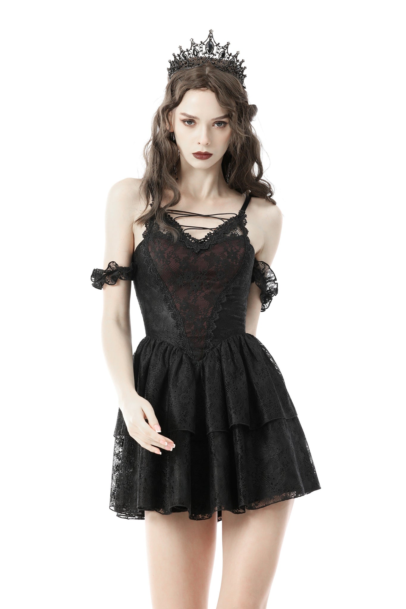 Gothic sexy lace dark red mini dress DW643 Gothic sexy lace dark red mini dress DW643