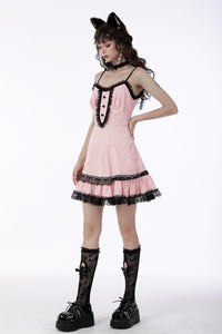 Sexy pink doll lace button-up front strap dress DW665