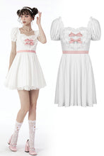 Load image into Gallery viewer, White lace heart pink bow silky dress DW670