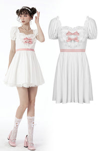 White lace heart pink bow silky dress DW670
