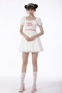 White lace heart pink bow silky dress DW670