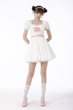 Load image into Gallery viewer, White lace heart pink bow silky dress DW670