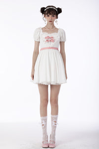 White lace heart pink bow silky dress DW670