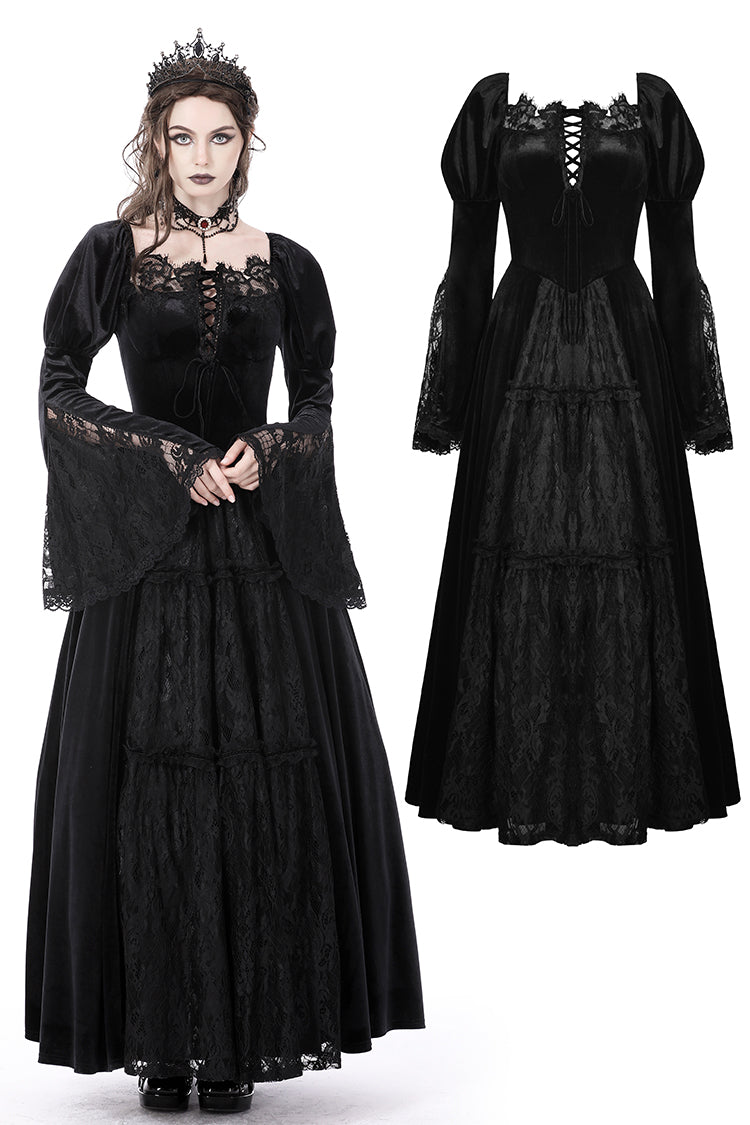 Gothic vintage gorgeous velvet-lace-splicing maxi dress DW751 XS Gothic vintage gorgeous velvet-lace-splicing maxi dress DW751 XS