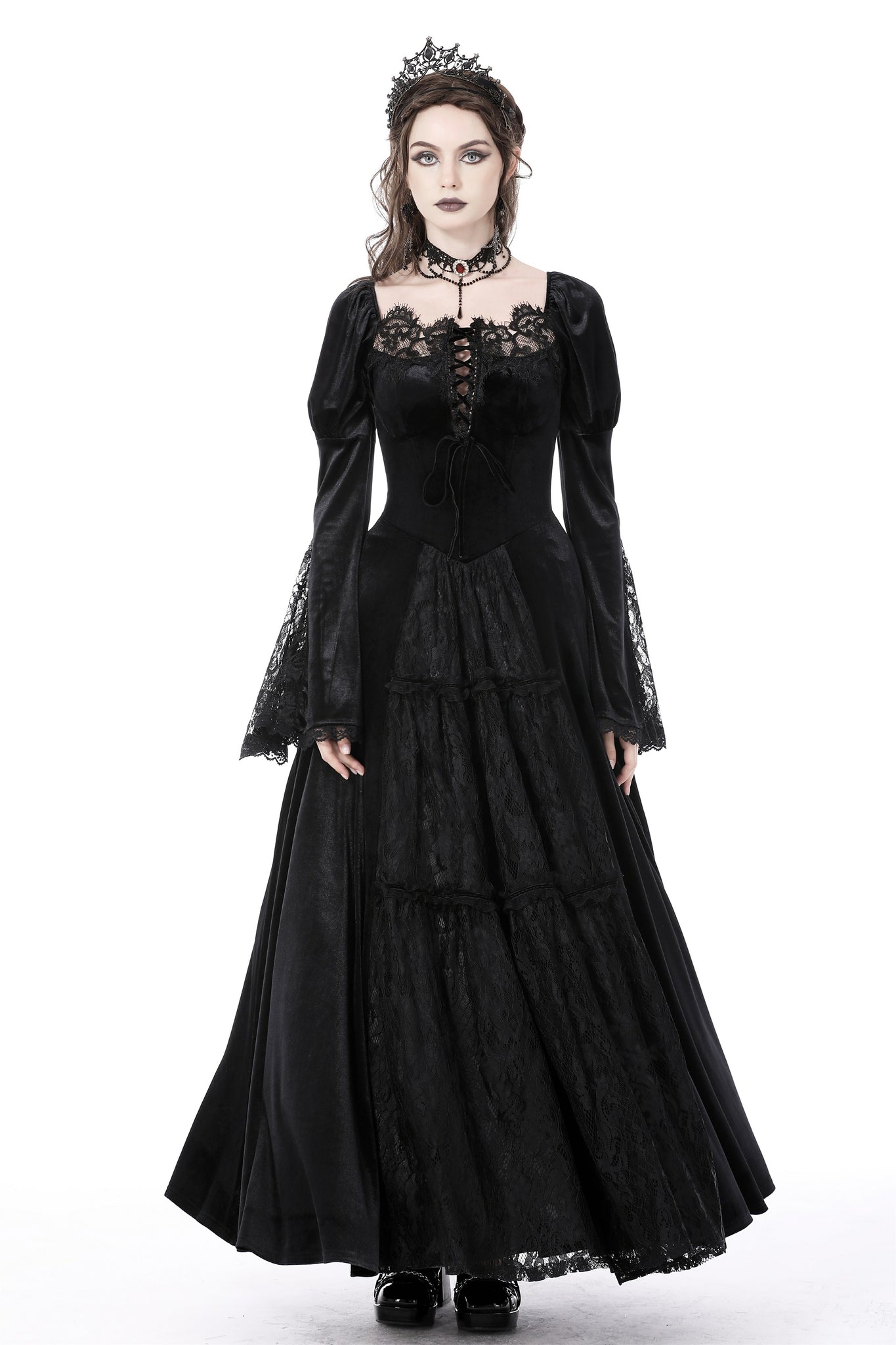 Gothic vintage gorgeous velvet-lace-splicing maxi dress DW751 XS Gothic vintage gorgeous velvet-lace-splicing maxi dress DW751 XS