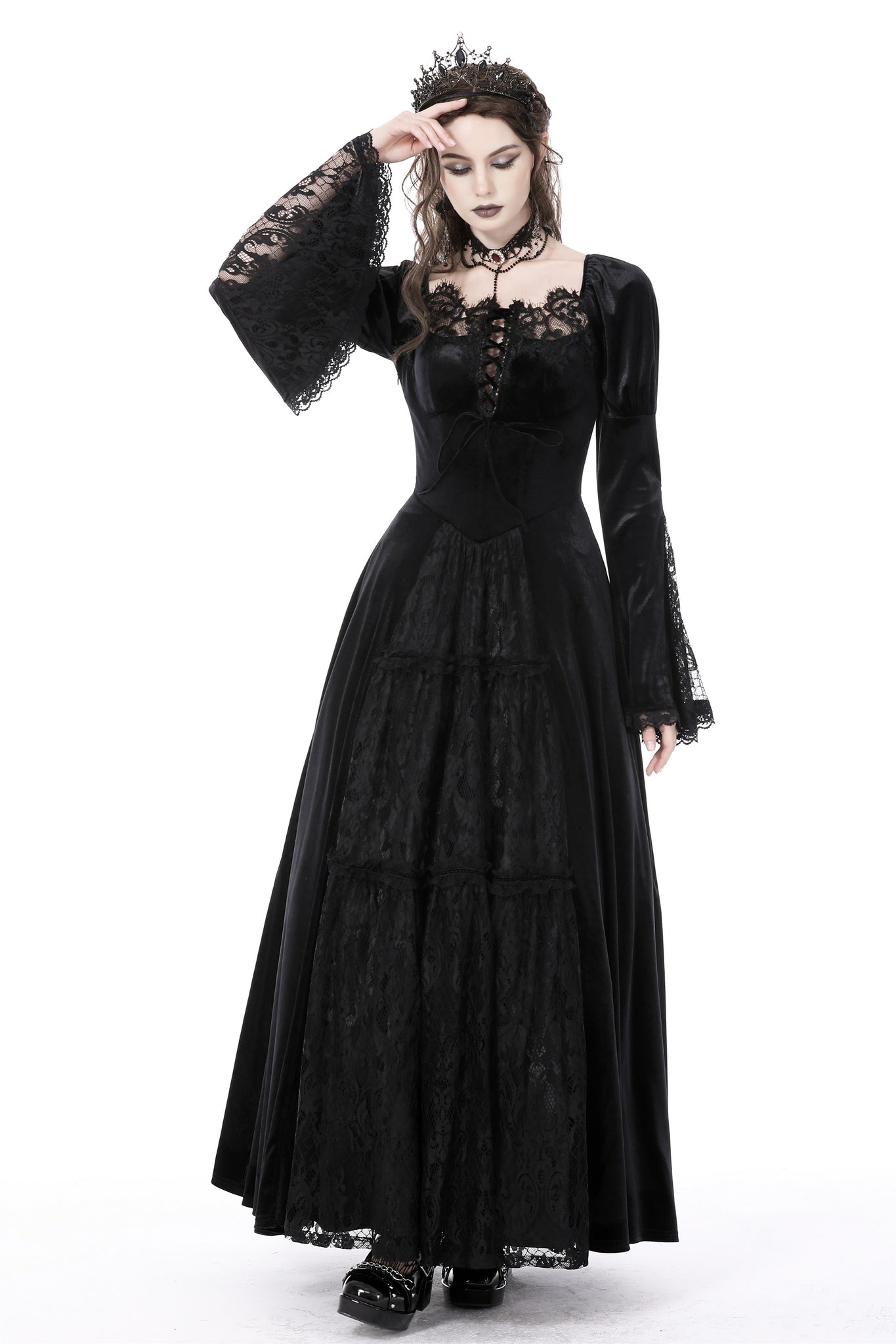 Gothic vintage gorgeous velvet-lace-splicing maxi dress DW751 XS Gothic vintage gorgeous velvet-lace-splicing maxi dress DW751 XS