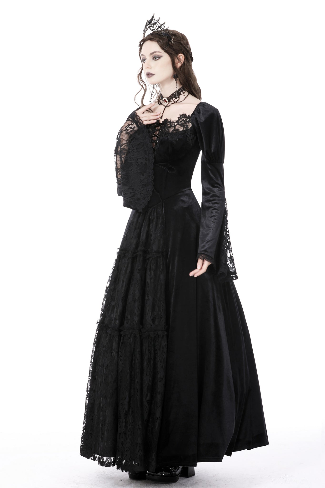 Gothic vintage gorgeous velvet-lace-splicing maxi dress DW751 L Gothic vintage gorgeous velvet-lace-splicing maxi dress DW751 L