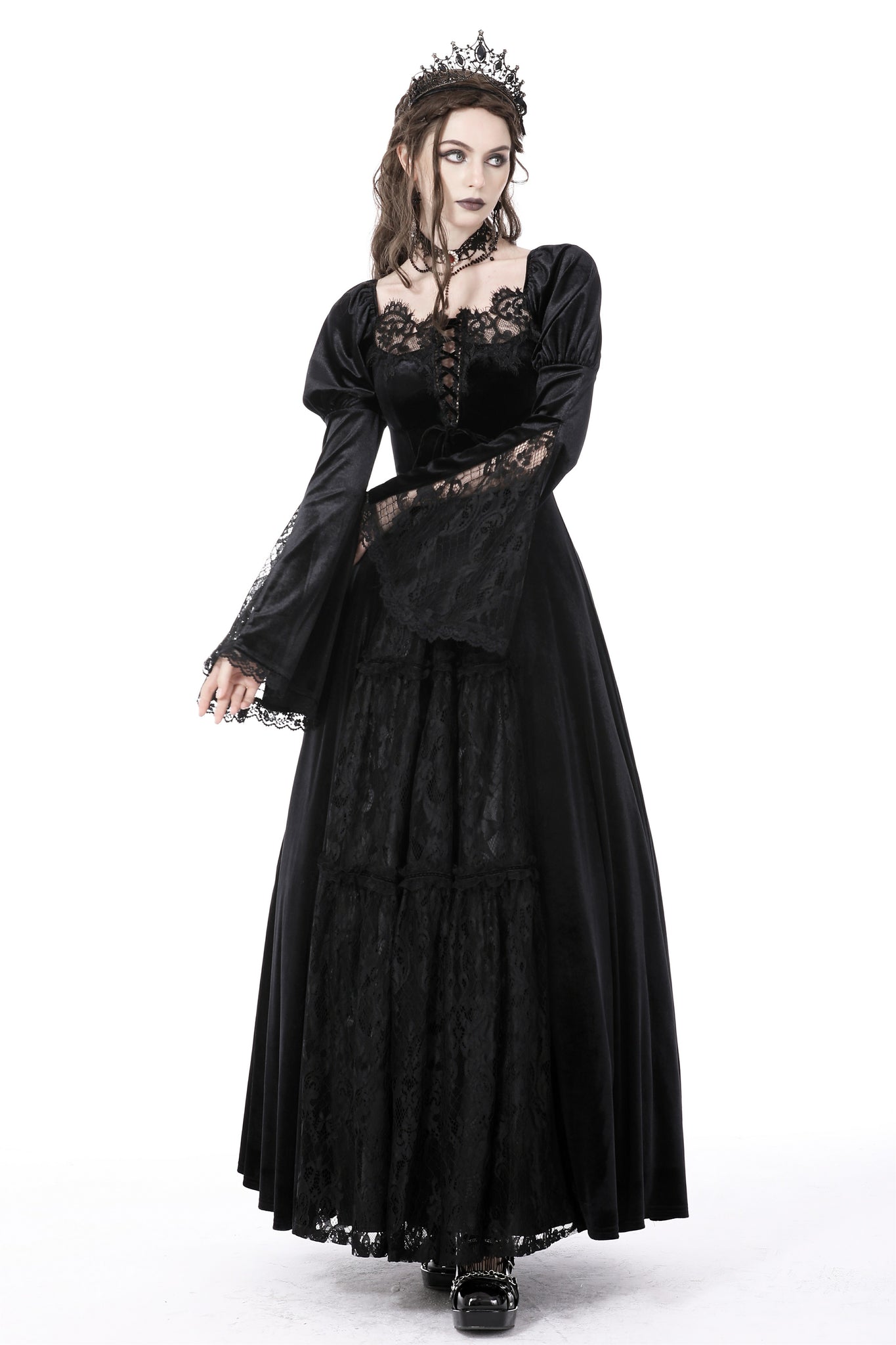 Gothic vintage gorgeous velvet-lace-splicing maxi dress DW751 XS