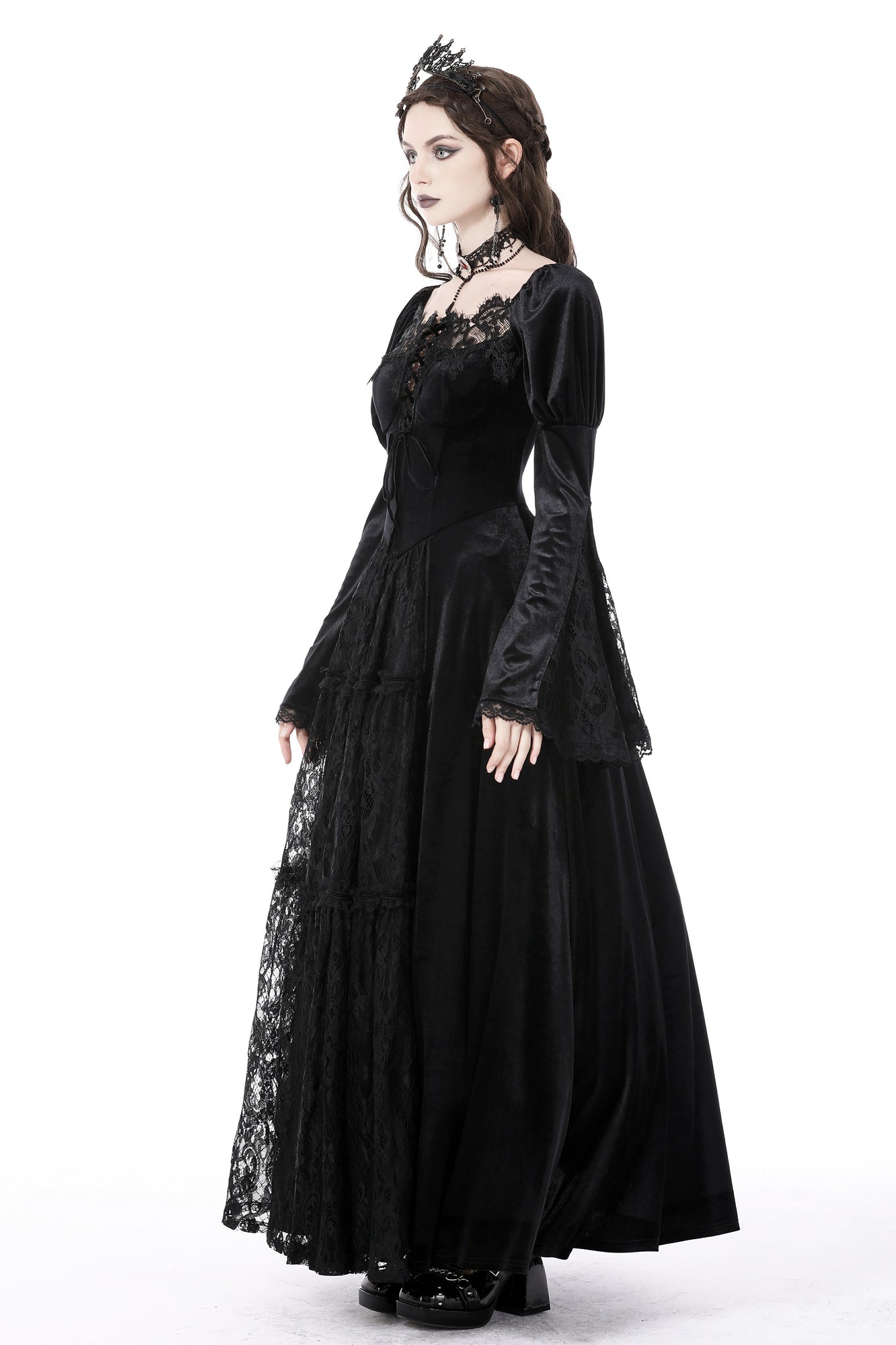 Gothic vintage gorgeous velvet-lace-splicing maxi dress DW751 L Gothic vintage gorgeous velvet-lace-splicing maxi dress DW751 L