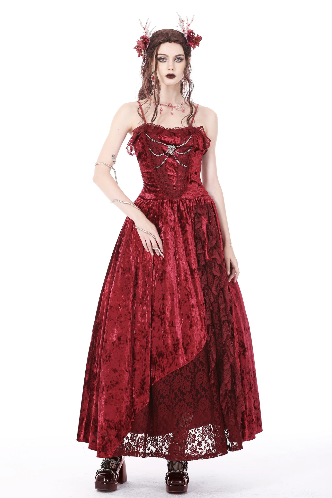 dark blood red dress Taylor Dark Red Ombre Wedding Dress: Gothic Black Tulle, Floral Lace