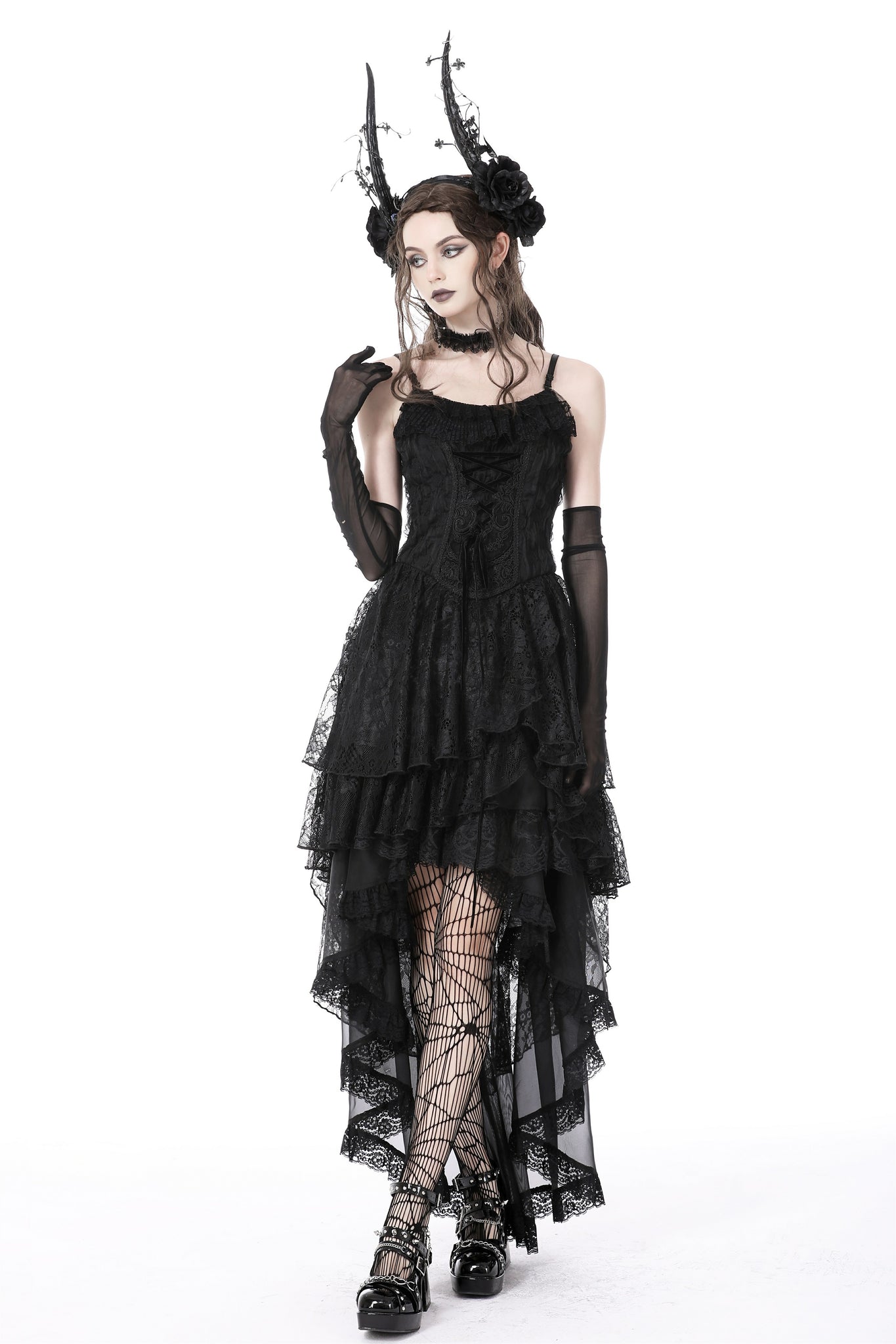 goth black lace dress yoeyez Gothic Dresses Women Sleeveless/Long Sleeves Steampunk Dress with Corset Halter Lace Swing Cocktail Dress Banquet Festive Ball Gown Black,M