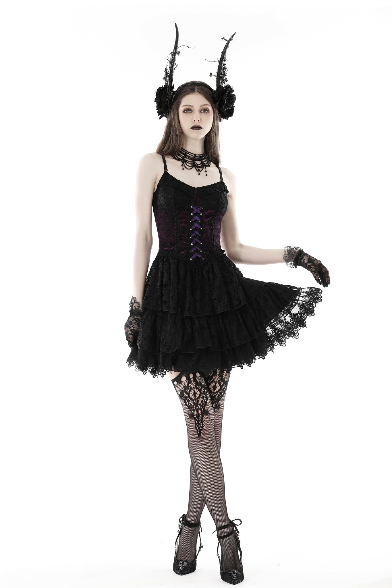 Abito Gotico Nero Sexy DINGJIUYAN - Vestito Donna Stile Y2K Con Pizzo E Scollo A V - Foto 5