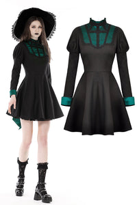 Gothic black green pleated tail dress DW775