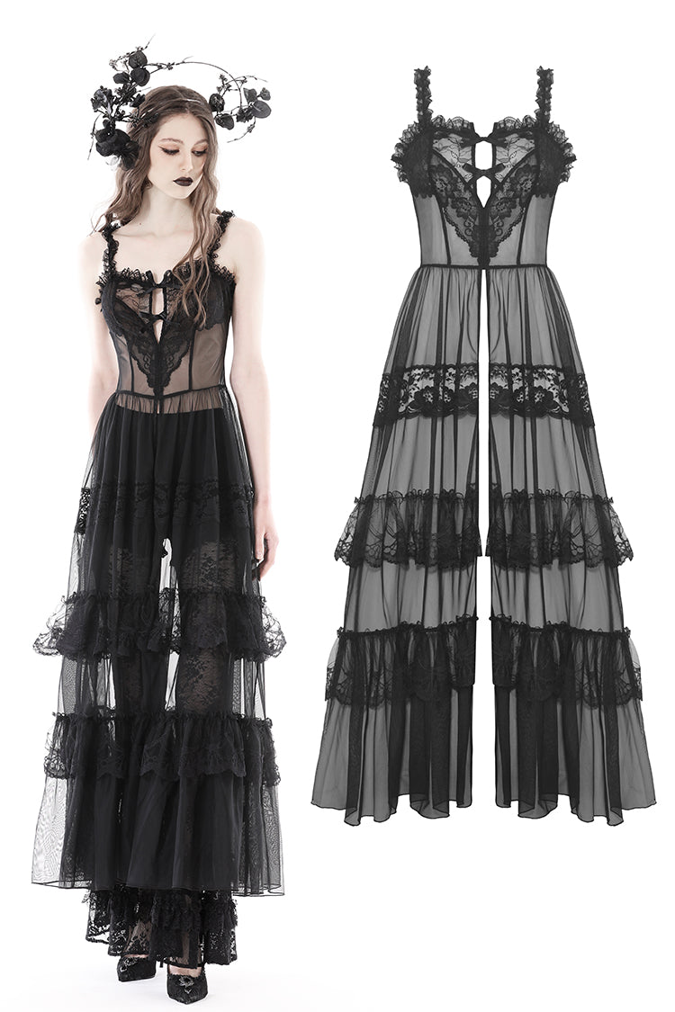 Gothic sexy transparent hearted layer lace mesh maxi dress