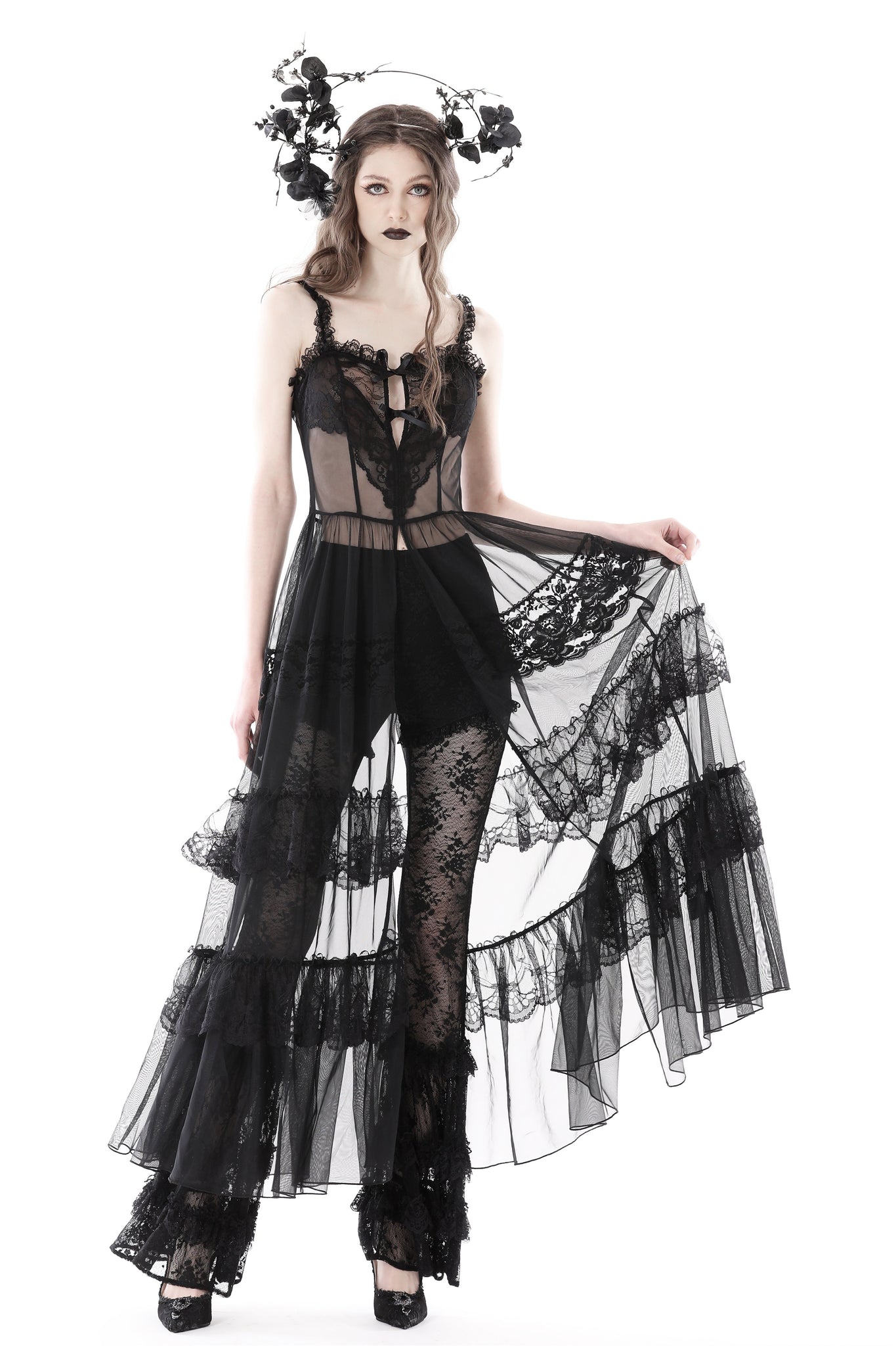 gothic lace maxi dress Womens Sexy Goth Sheer Lace Maxi Dress Widow