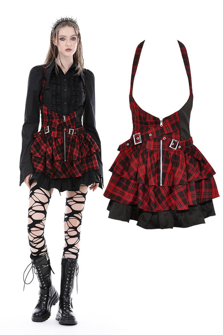 Punk rock red check frilly dress DW838