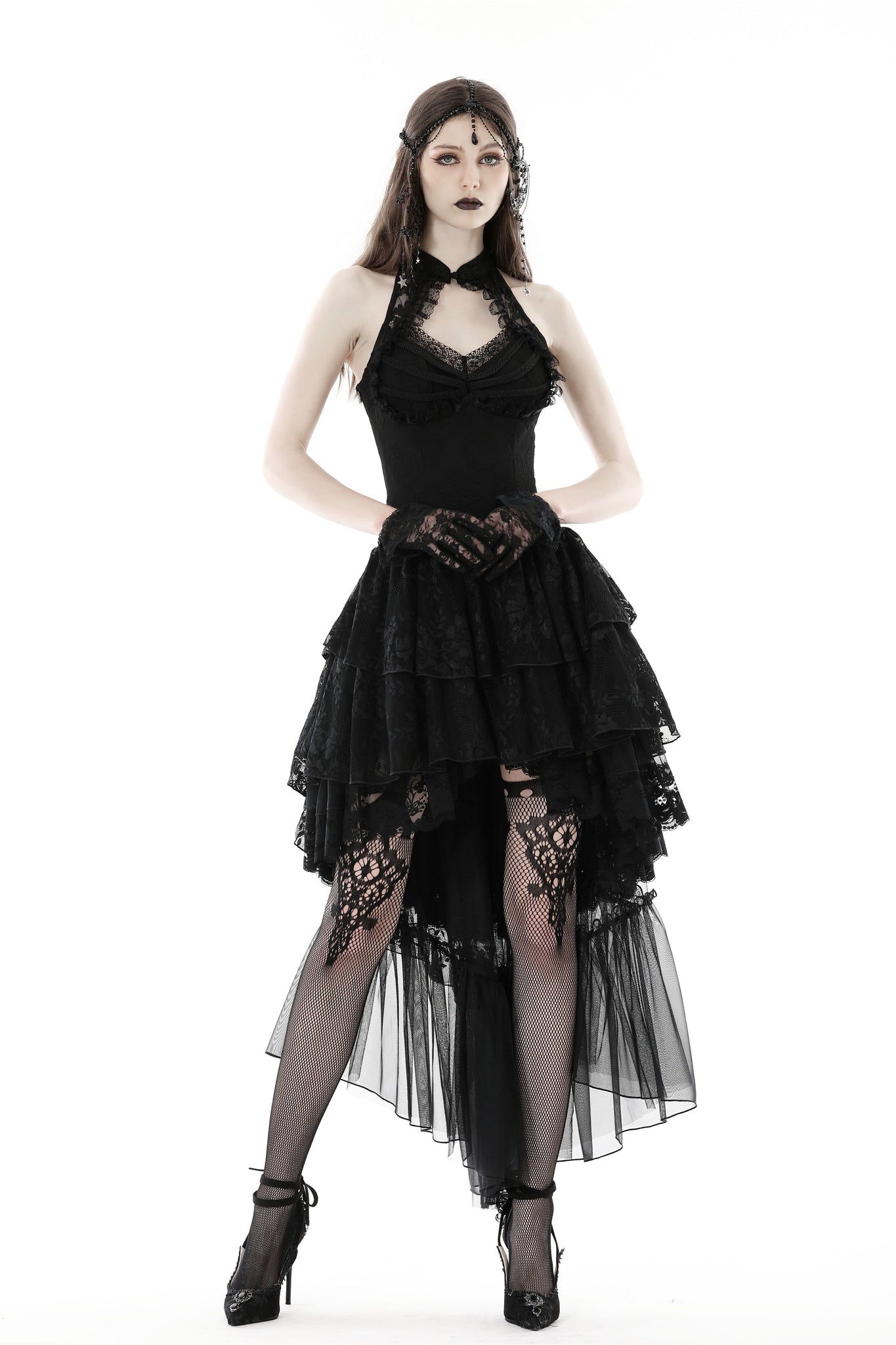 Gothic Sexy Claw Chest High Low Lace Halter Dress DW852 S Gothic Sexy Claw Chest High Low Lace Halter Dress DW852 S