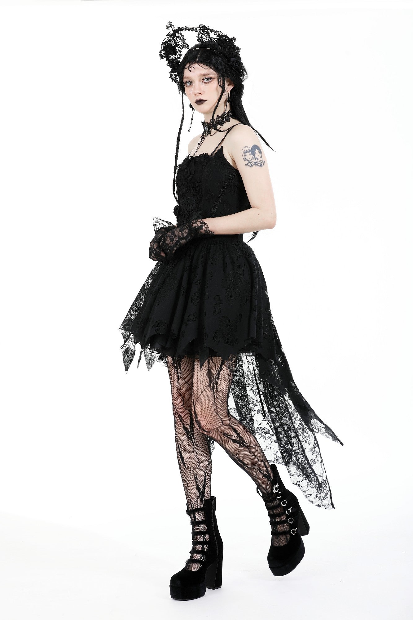 Gothic Black rose bloom dovetail lace dress DW937 XS Gothic Black rose bloom dovetail lace dress DW937 XS