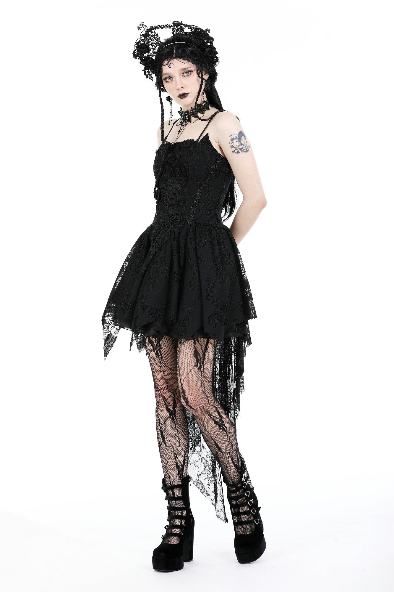 Gothic Black rose bloom dovetail lace dress DW937 XS Gothic Black rose bloom dovetail lace dress DW937 XS