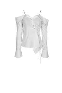 Punk Whiteite safety pin asymmetrical chain-strap blouse IW079 - Gothlolibeauty