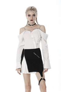 Punk Whiteite safety pin asymmetrical chain-strap blouse IW079 - Gothlolibeauty