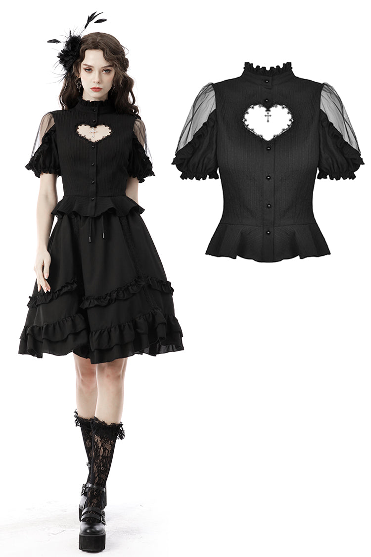 Gothic hearted tulle shoulder sexy blouse IW089