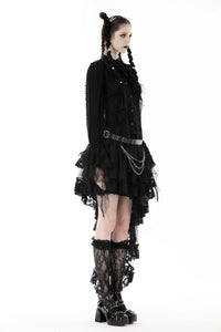 Gothic black ruffle neckline strip blouse IW098
