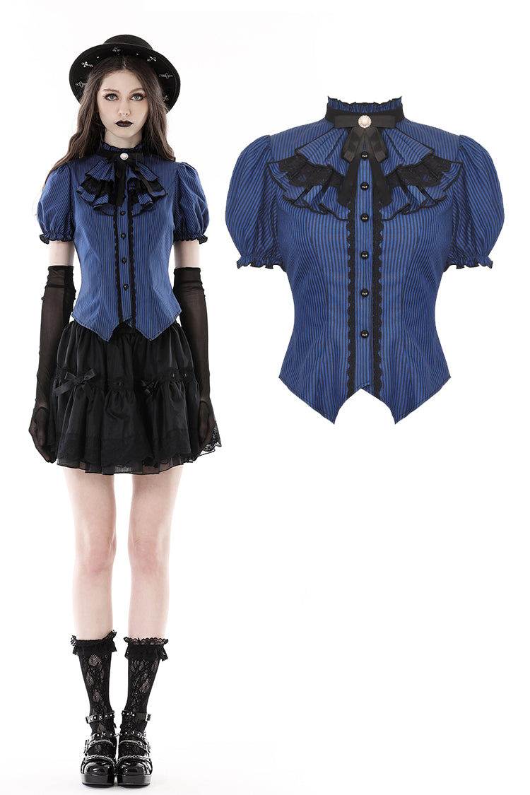 Blue black strip frilly collar blouse IW101