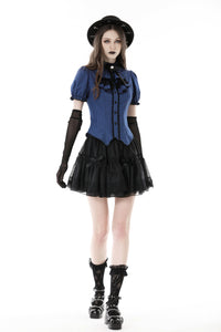Blue black strip frilly collar blouse IW101