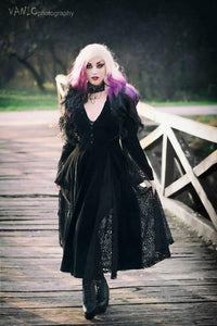 Black Long Sleeve Gothic Vampire Punk Scene Clothing velvet jacket gown JW011 - Gothlolibeauty