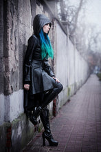 Load image into Gallery viewer, DARK IN LOVE Gothic long coat leather cocktail robe jacket with eyelets cap JW096 - Gothlolibeauty