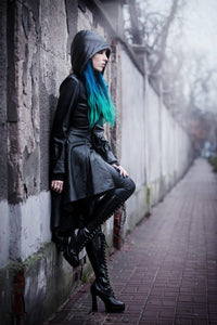 DARK IN LOVE Gothic long coat leather cocktail robe jacket with eyelets cap JW096 - Gothlolibeauty