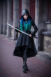 DARK IN LOVE Gothic long coat leather cocktail robe jacket with eyelets cap JW096 - Gothlolibeauty