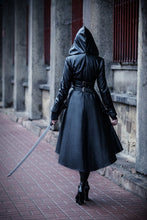 Load image into Gallery viewer, DARK IN LOVE Gothic long coat leather cocktail robe jacket with eyelets cap JW096 - Gothlolibeauty