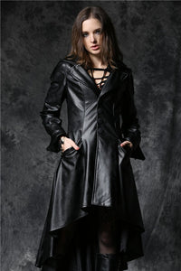 DARK IN LOVE Gothic long coat leather cocktail robe jacket with eyelets cap JW096 - Gothlolibeauty