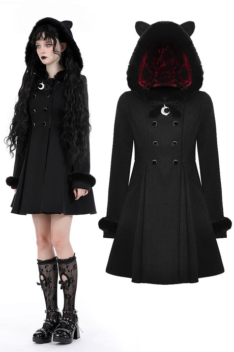 Black lolita cat ear double-breasted woolen long coat JW257