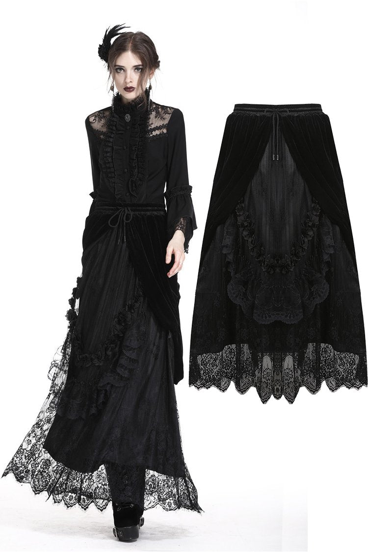 KW133BK Gothic Black wave velvet lace maxi skirt DARKINLOVE