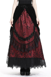 Gothic Black red wave velvet lace maxi skirt KW133RD - Gothlolibeauty