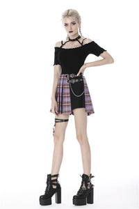 Punk purple checked splicing black pleated short skirt KW175 - Gothlolibeauty