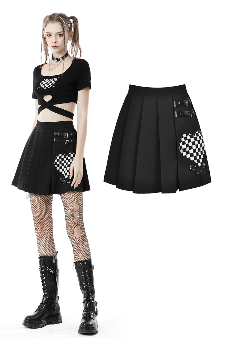 Punk black white check heart pleated skirt KW225 – DARK IN LOVE