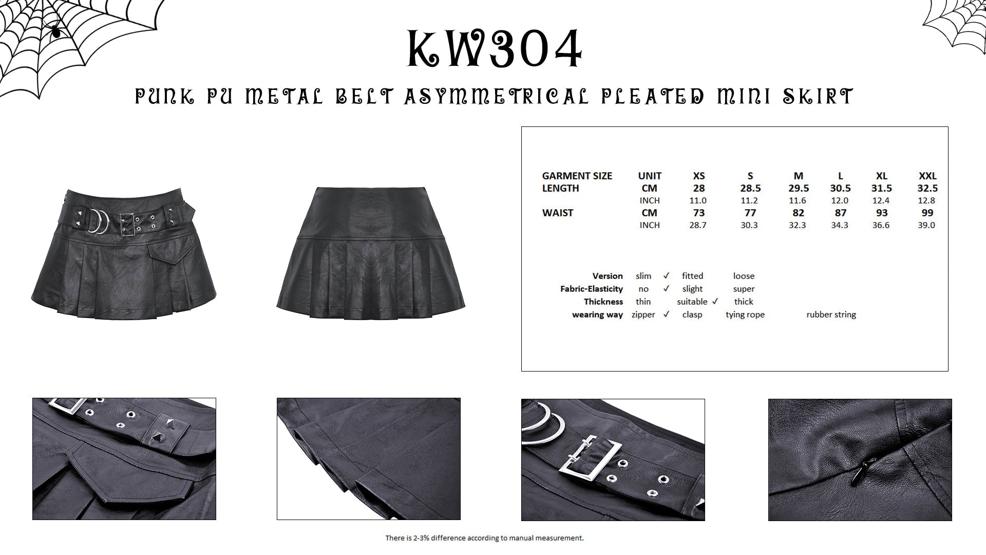 Punk PU metal belt asymmetrical pleated mini skirt KW304 XXL Punk PU metal belt asymmetrical pleated mini skirt KW304 XXL