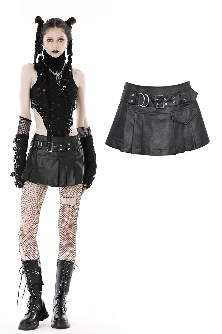 Punk PU metal belt asymmetrical pleated mini skirt KW304 – DARK IN