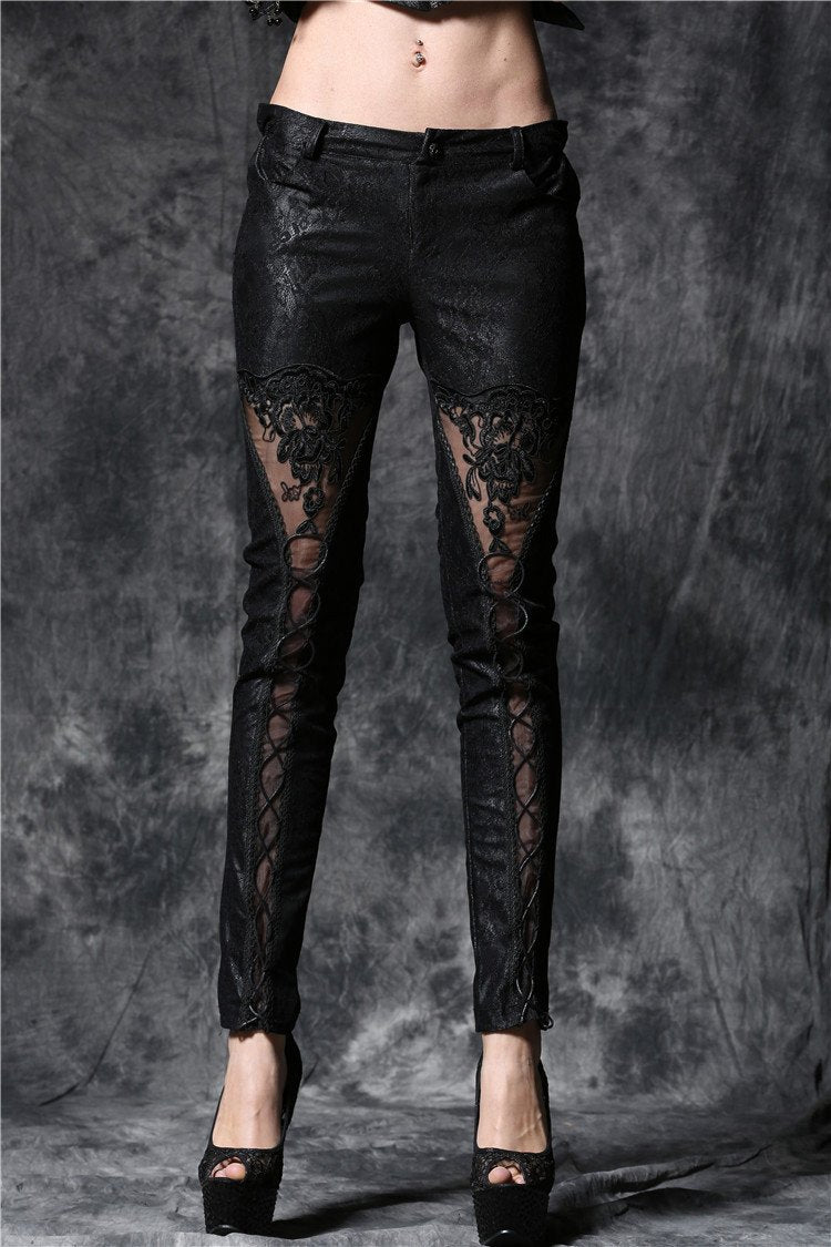Gothic embossed lace leather pants with sexy flower and cords