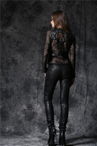 Gothic embossed lace leather pants with sexy flower and cords PW078 - Gothlolibeauty