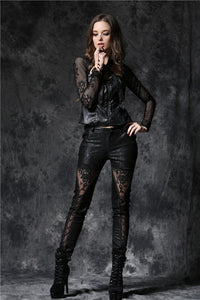 Gothic embossed lace leather pants with sexy flower and cords PW078 - Gothlolibeauty