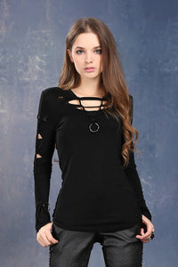 Spring women  Black punk twist rave flowers Tee /T-shirt TW037 - Gothlolibeauty