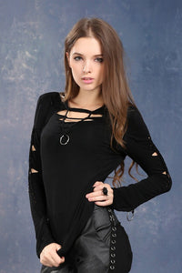 Spring women  Black punk twist rave flowers Tee /T-shirt TW037 - Gothlolibeauty