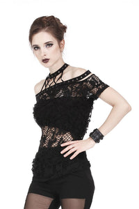 Punk messy net T-shirt with asymmetric rope desgin TW156 - Gothlolibeauty