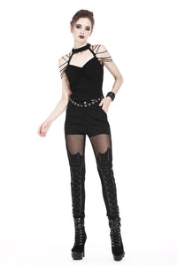 Punk short sleeveless T-shirt with string shoulder and eyelet on waist TW164 - Gothlolibeauty